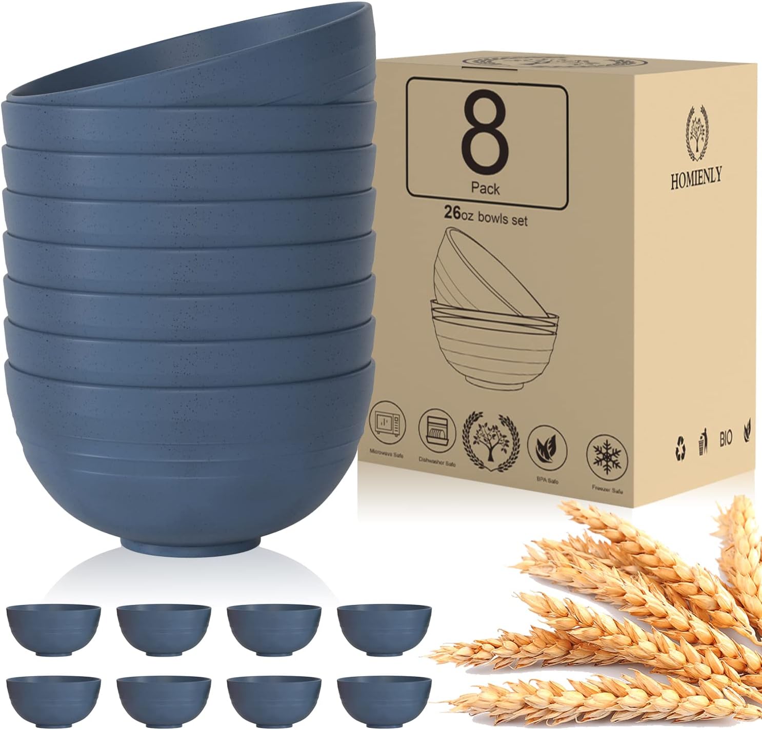 Wheat Straw Fiber Strong Lightweight Bowl Set (blue,26 oz)