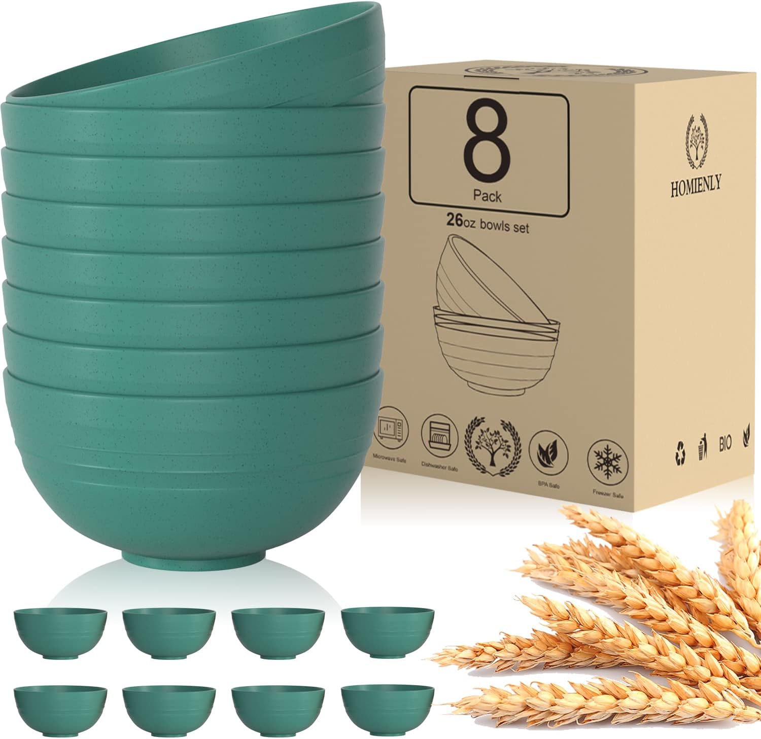 Wheat Straw Fiber Sturdy Lightweight Bowl Set (green,26 oz.)